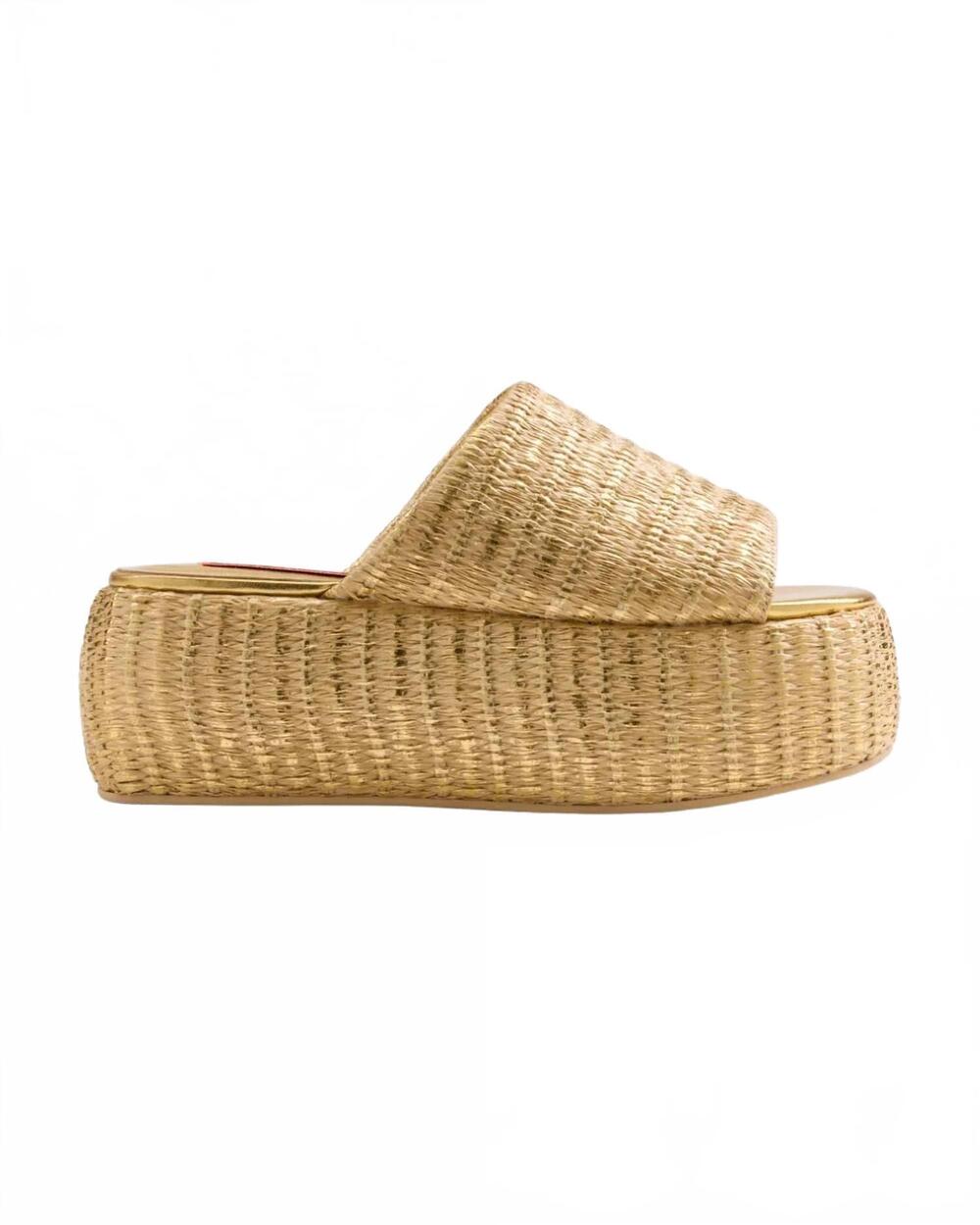 NEW SIMON MILLER women's metallic raffia cloudy platform sandal in gold/natural
